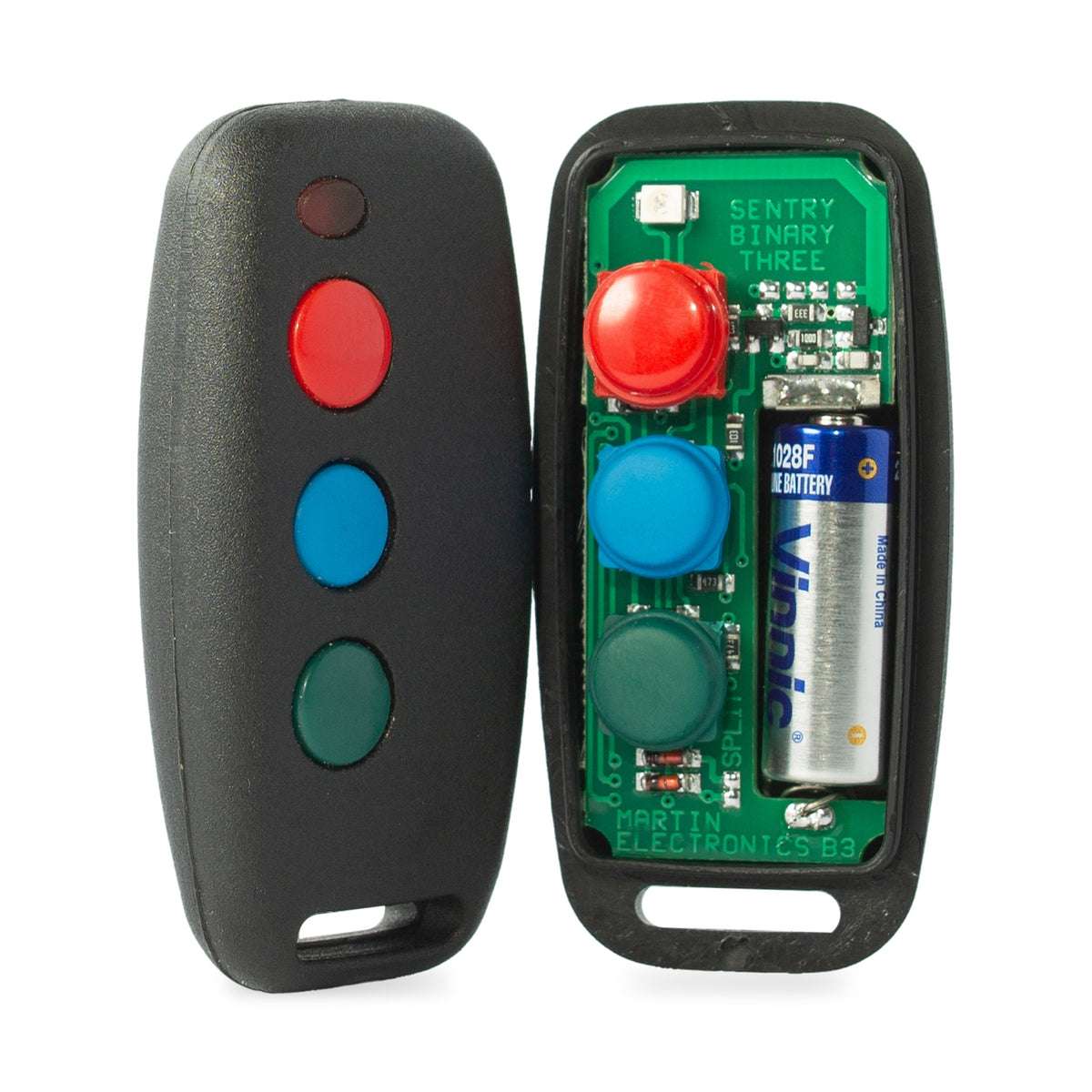Sentry 3 button binary remote opened, circuit board and battery