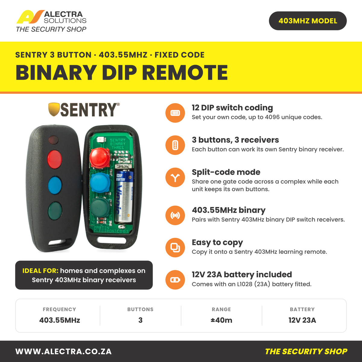 Sentry 3 button binary DIP remote 403MHz features and specifications