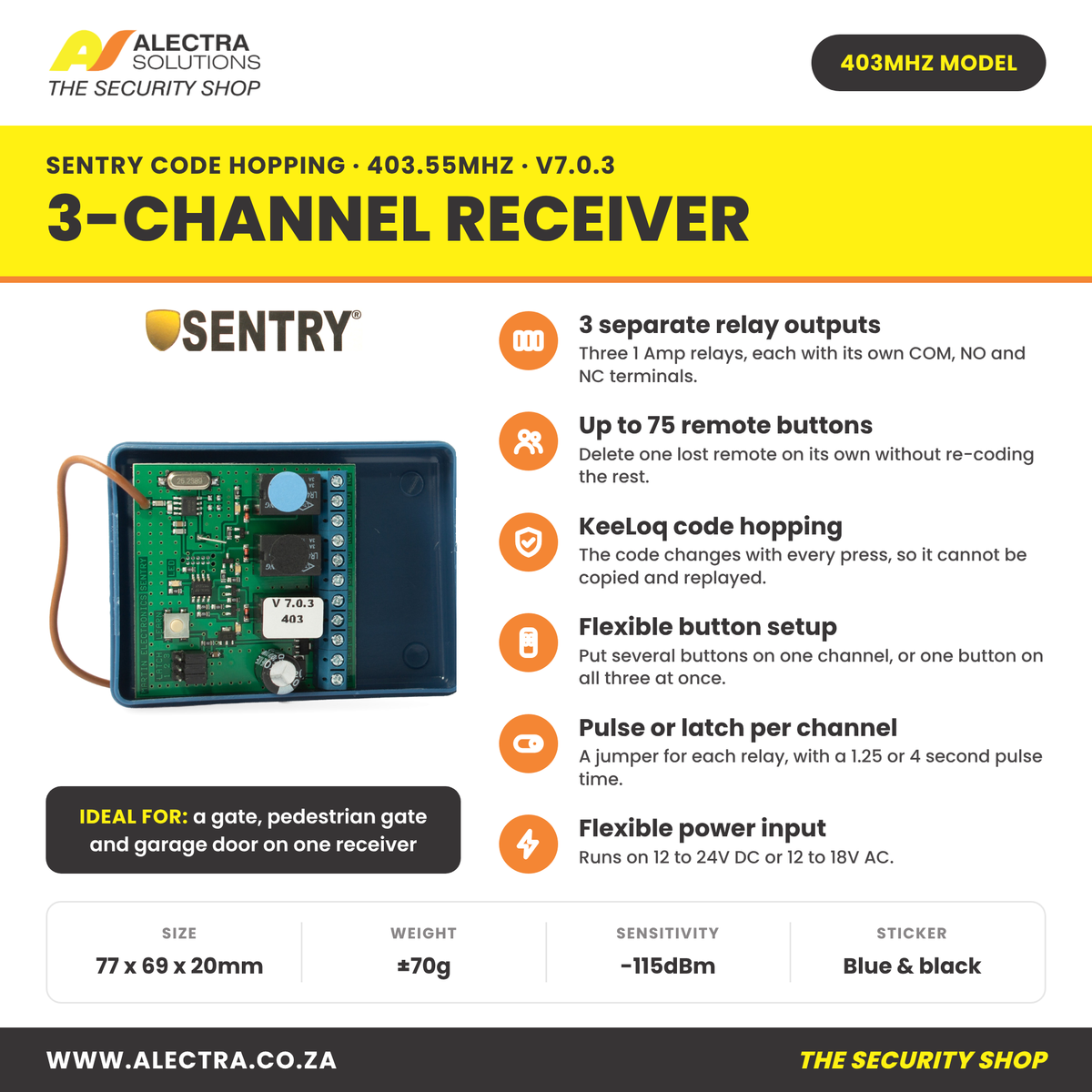 Sentry 3 channel code hopping receiver 403MHz features