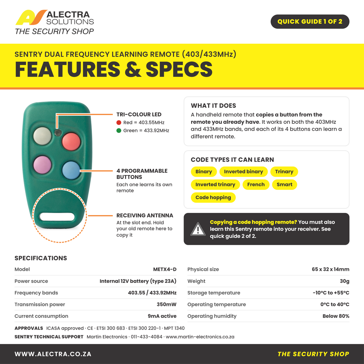 Sentry dual frequency learning remote quick guide 1 of 2: features and specs