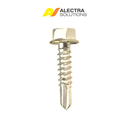 Metal screw with hex head on a white background, featuring Alectra Solutions logo.