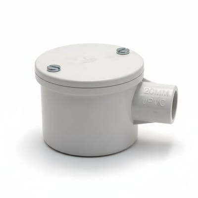 20mm PVC Side Entry Junction Box (1-Way) – Weatherproof Electrical Conduit Box (White)